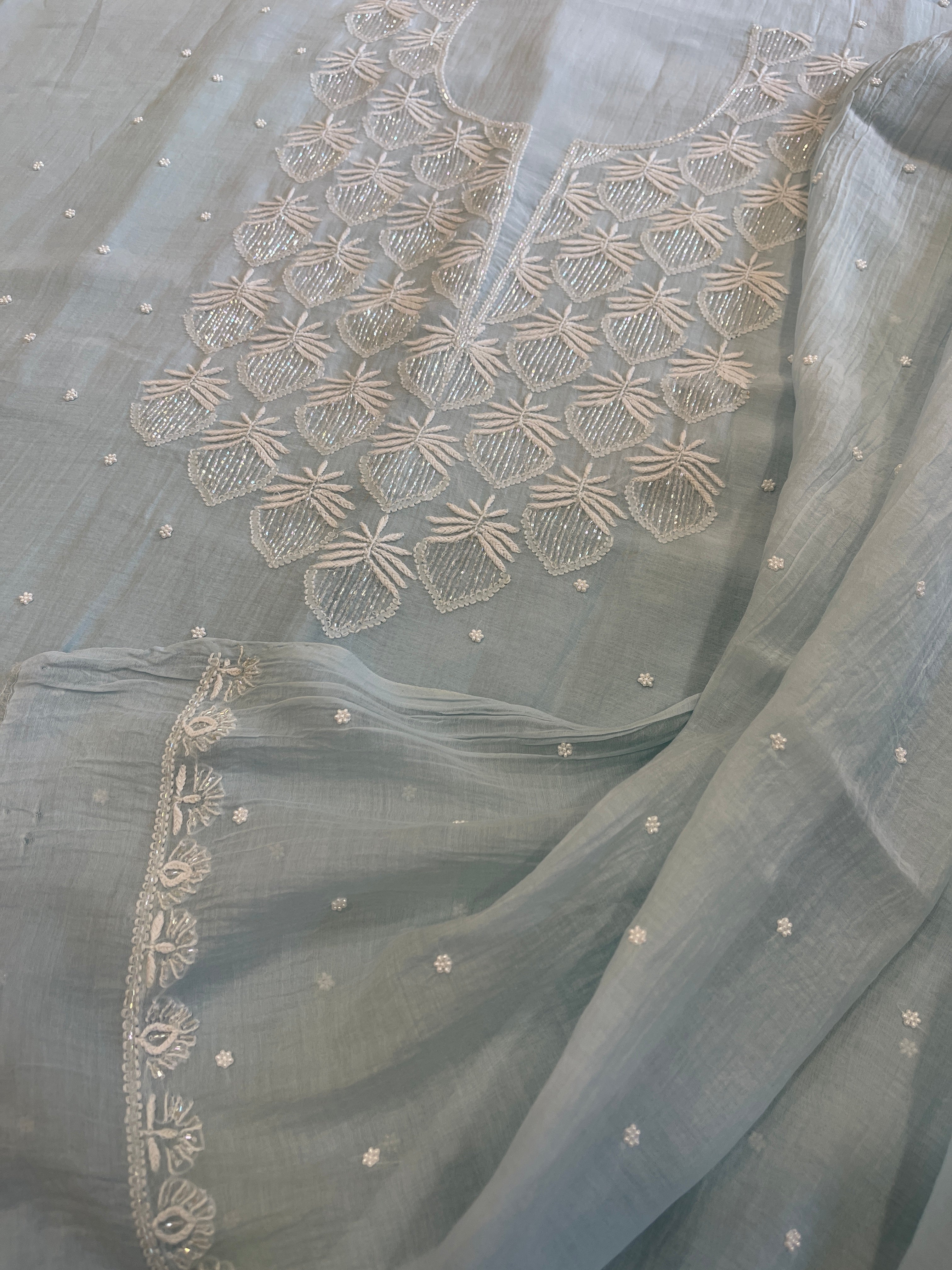 Lite Aqua Suit Set with Pearl, Cut Daana and Thread Handwork in Pure Mul Chanderi - Masakalee