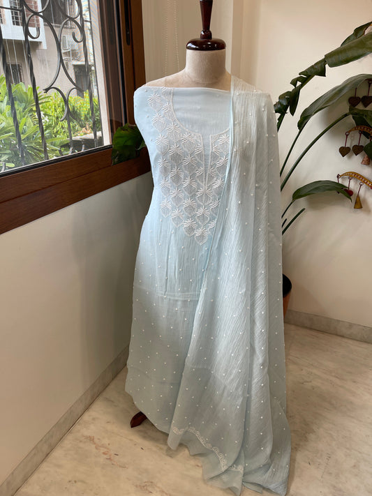 Lite Aqua Suit Set with Pearl, Cut Daana and Thread Handwork in Pure Mul Chanderi - Masakalee