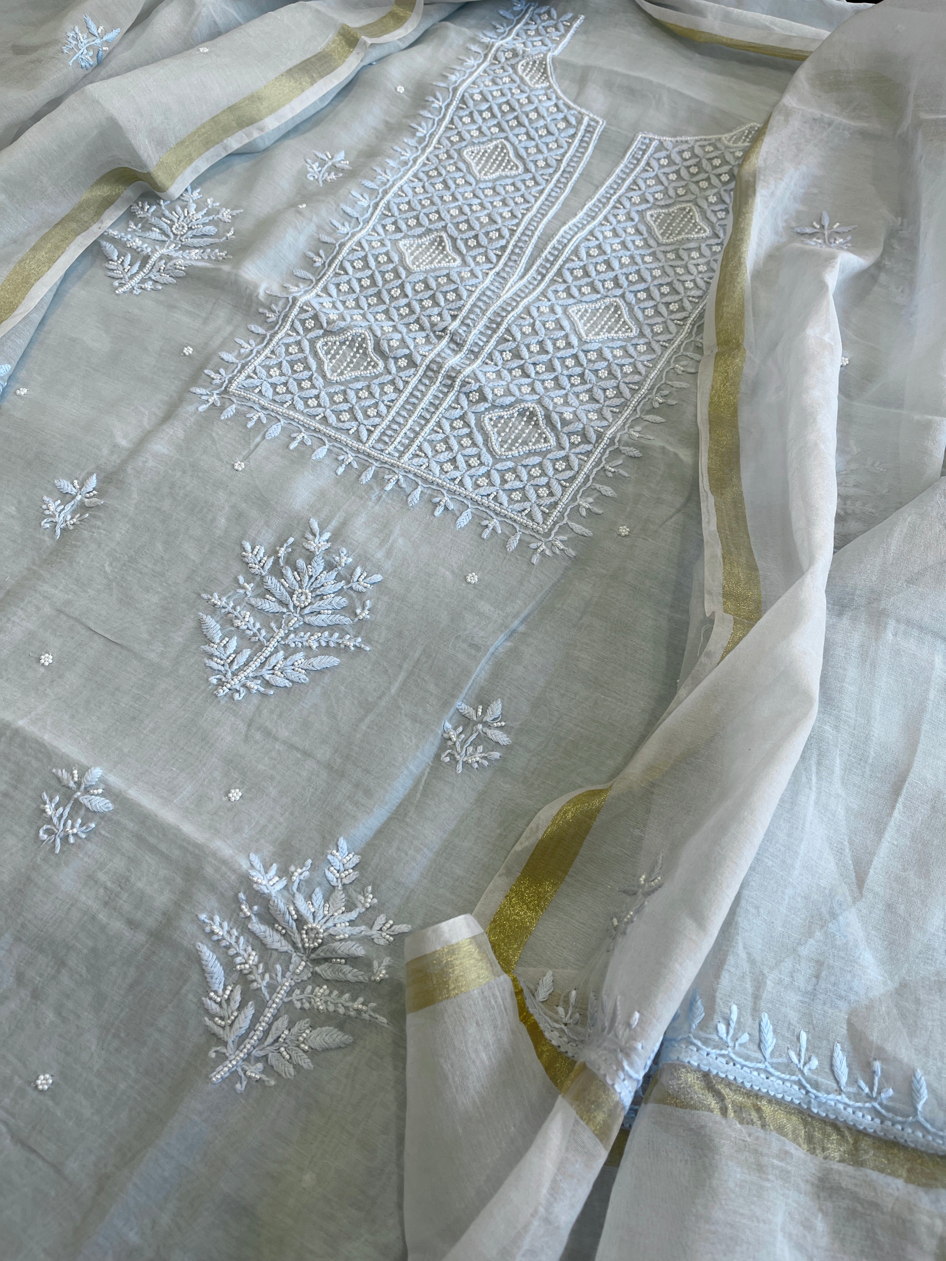 Lite Blue Suit Set with Lucknowi Handwork in Pure Mul Chanderi - Masakalee