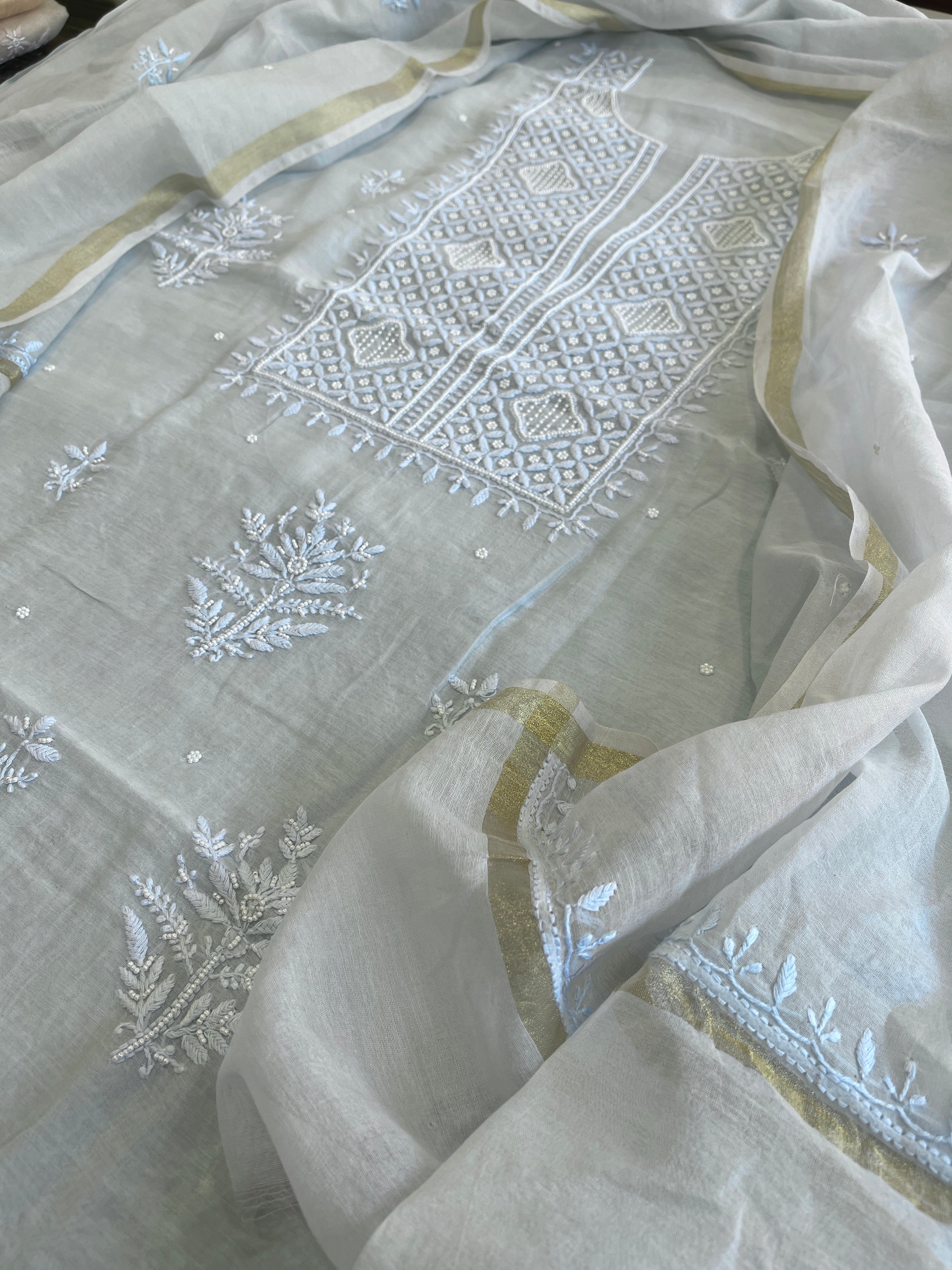 Lite Blue Suit Set with Lucknowi Handwork in Pure Mul Chanderi - Masakalee