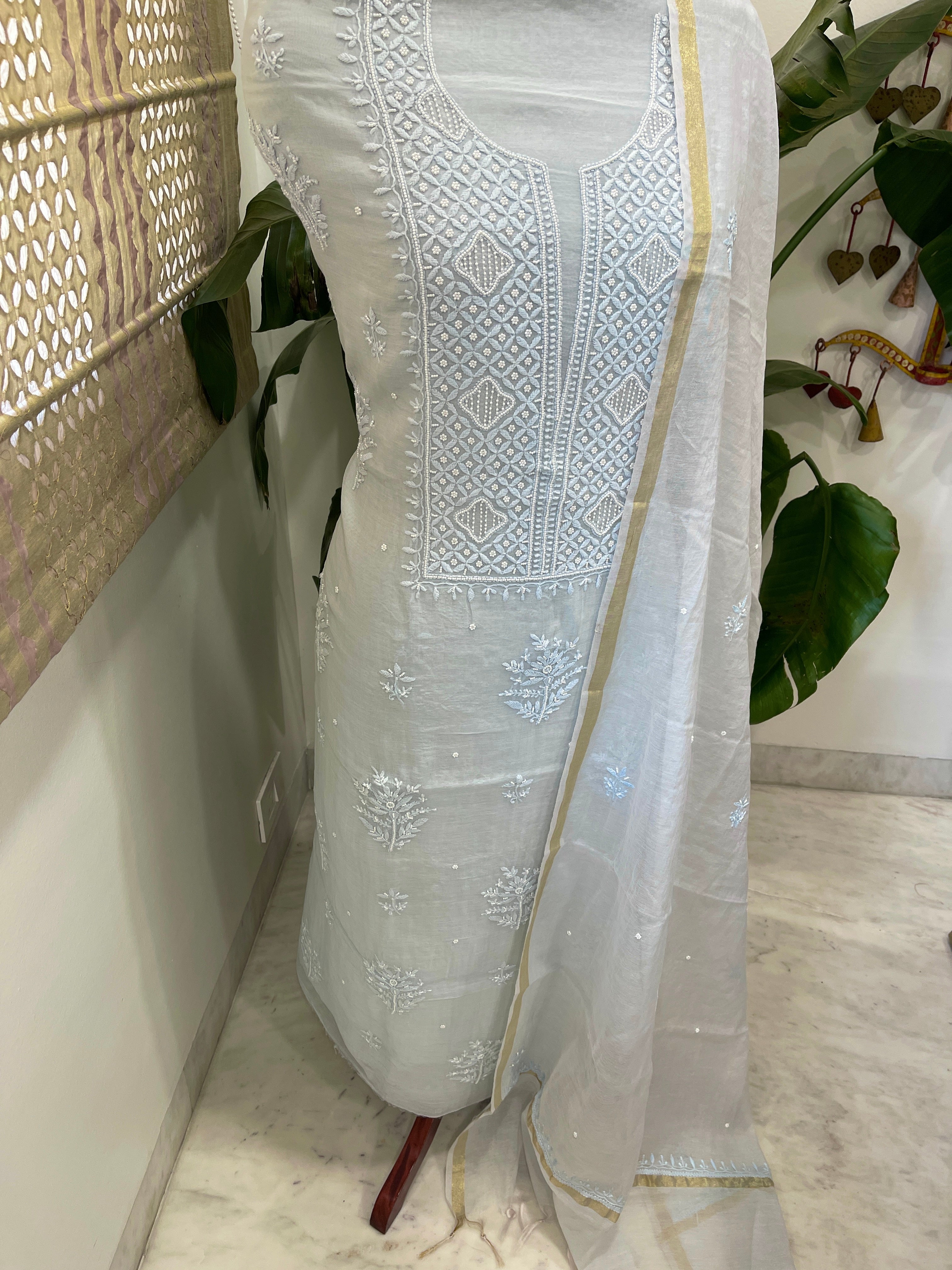 Lite Blue Suit Set with Lucknowi Handwork in Pure Mul Chanderi - Masakalee