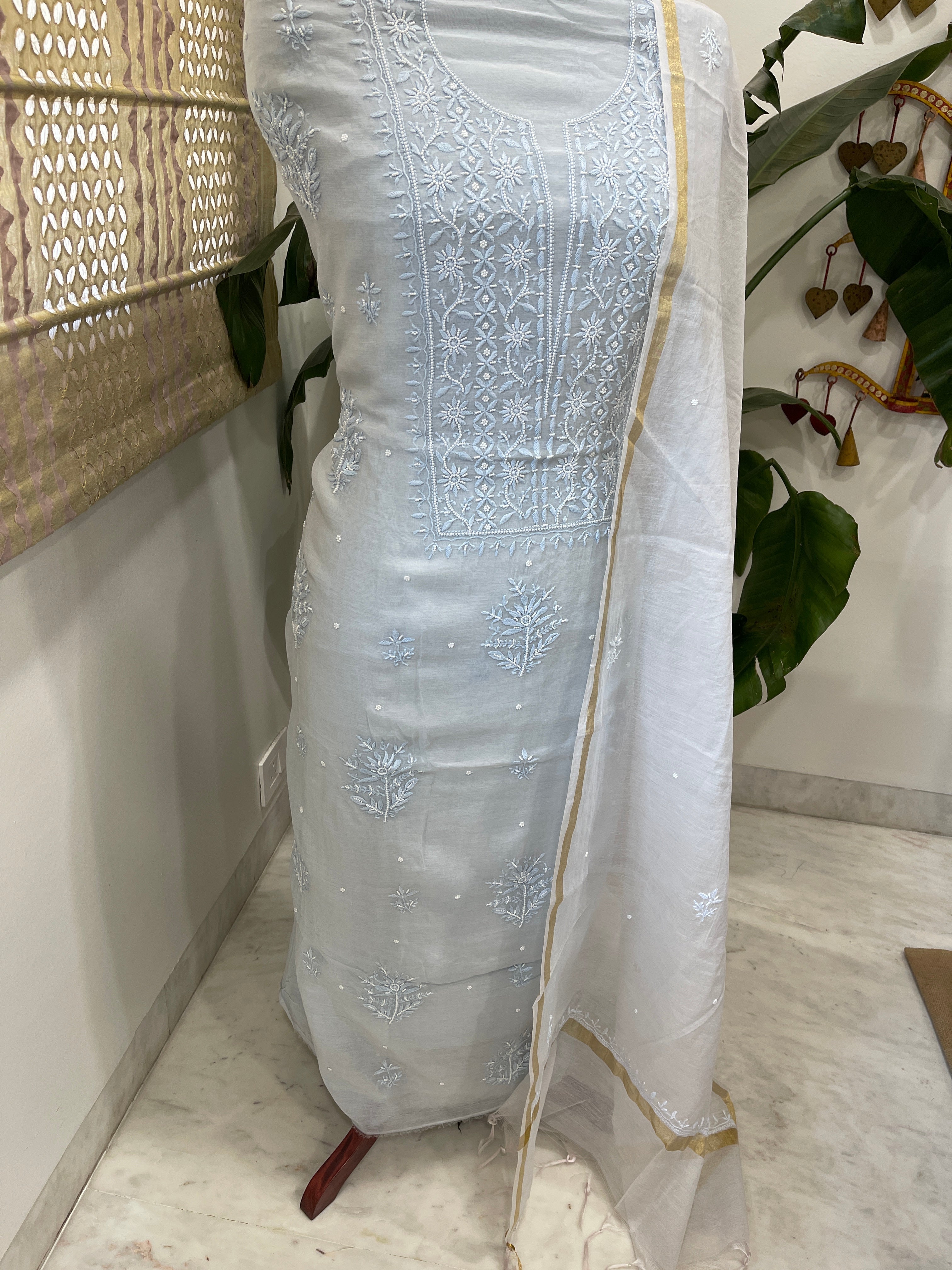 Lite Blue Suit Set with Lucknowi Handwork in Pure Mul Chanderi - Masakalee