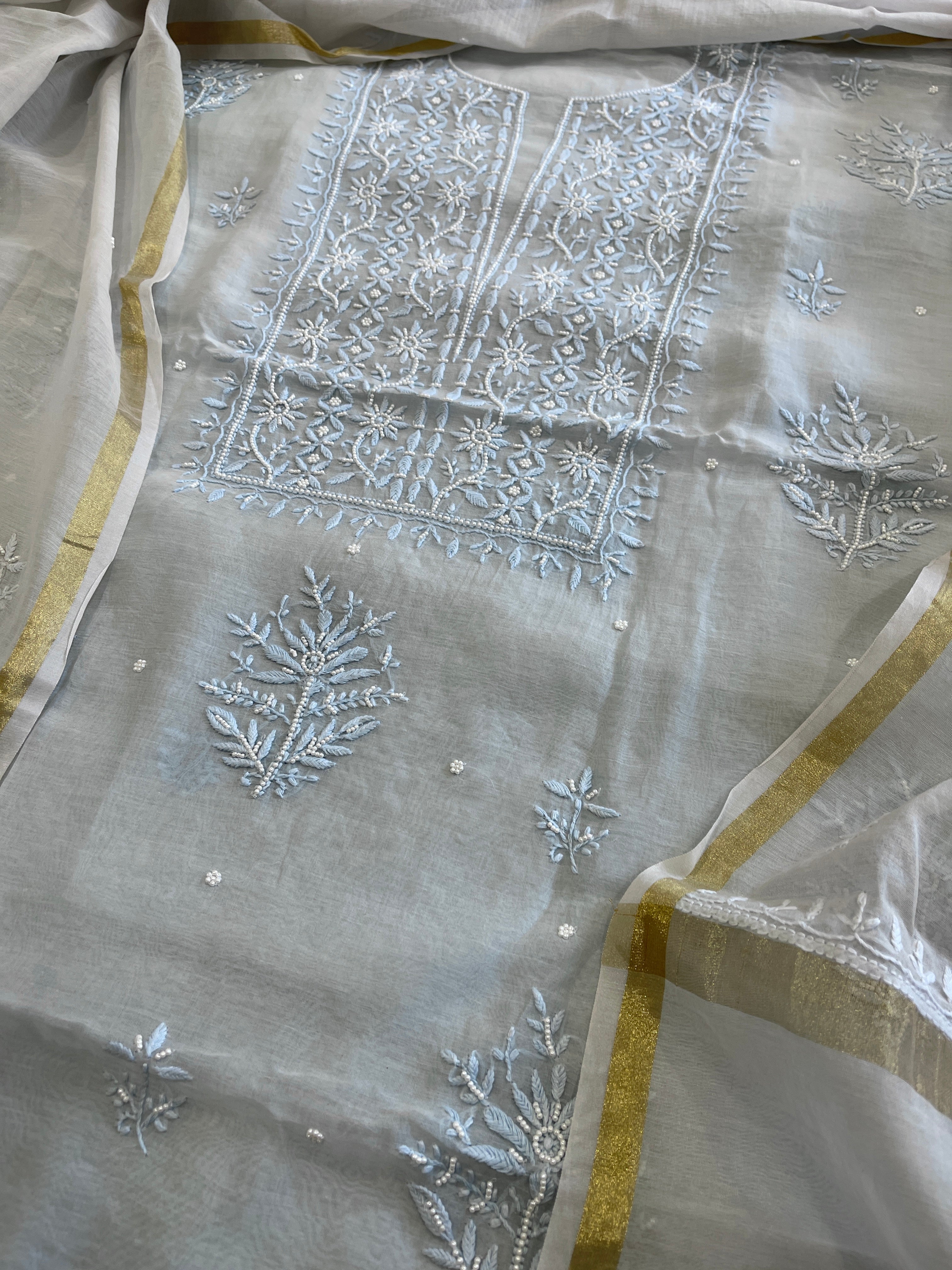 Lite Blue Suit Set with Lucknowi Handwork in Pure Mul Chanderi - Masakalee