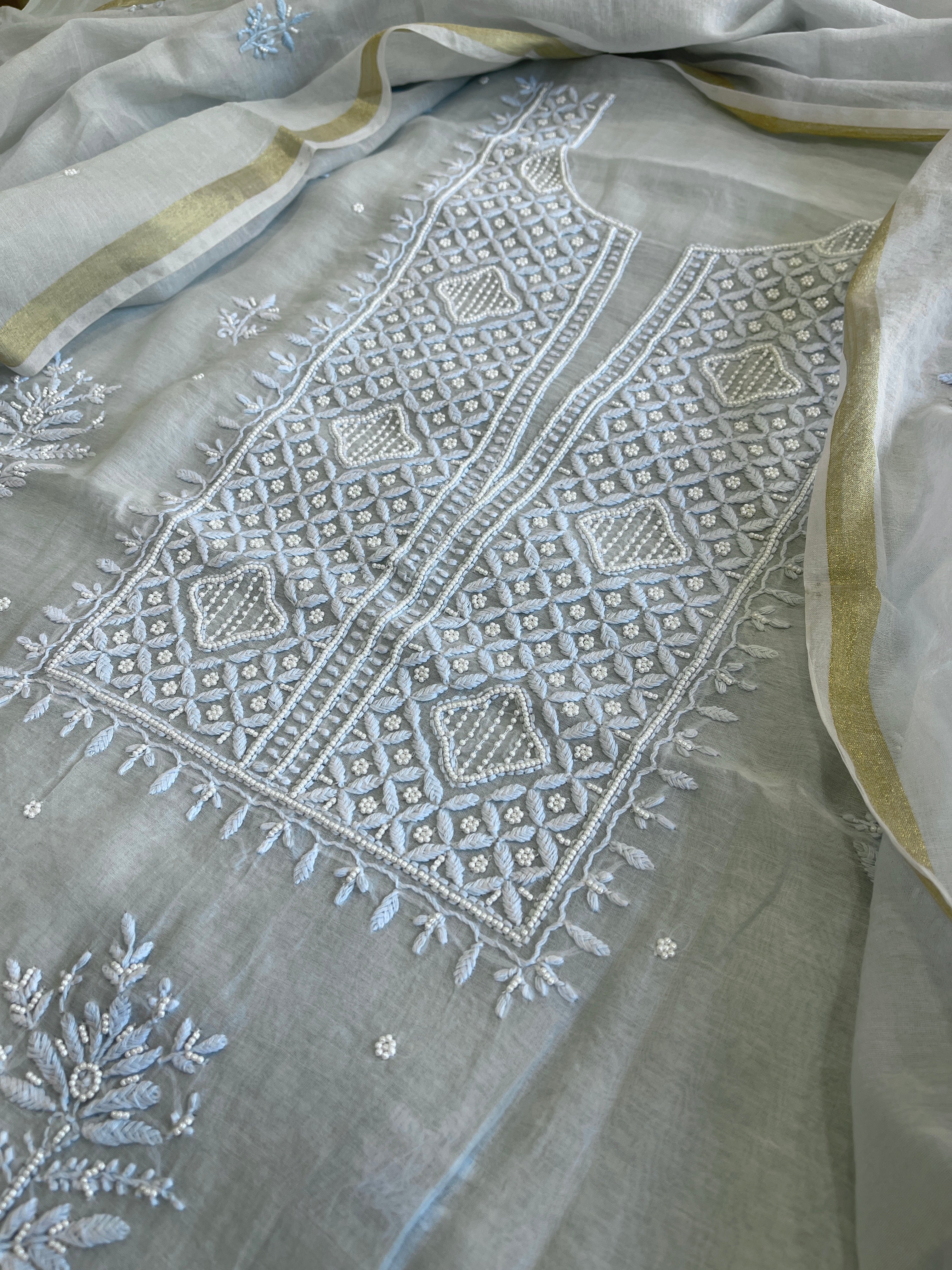 Lite Blue Suit Set with Lucknowi Handwork in Pure Mul Chanderi - Masakalee