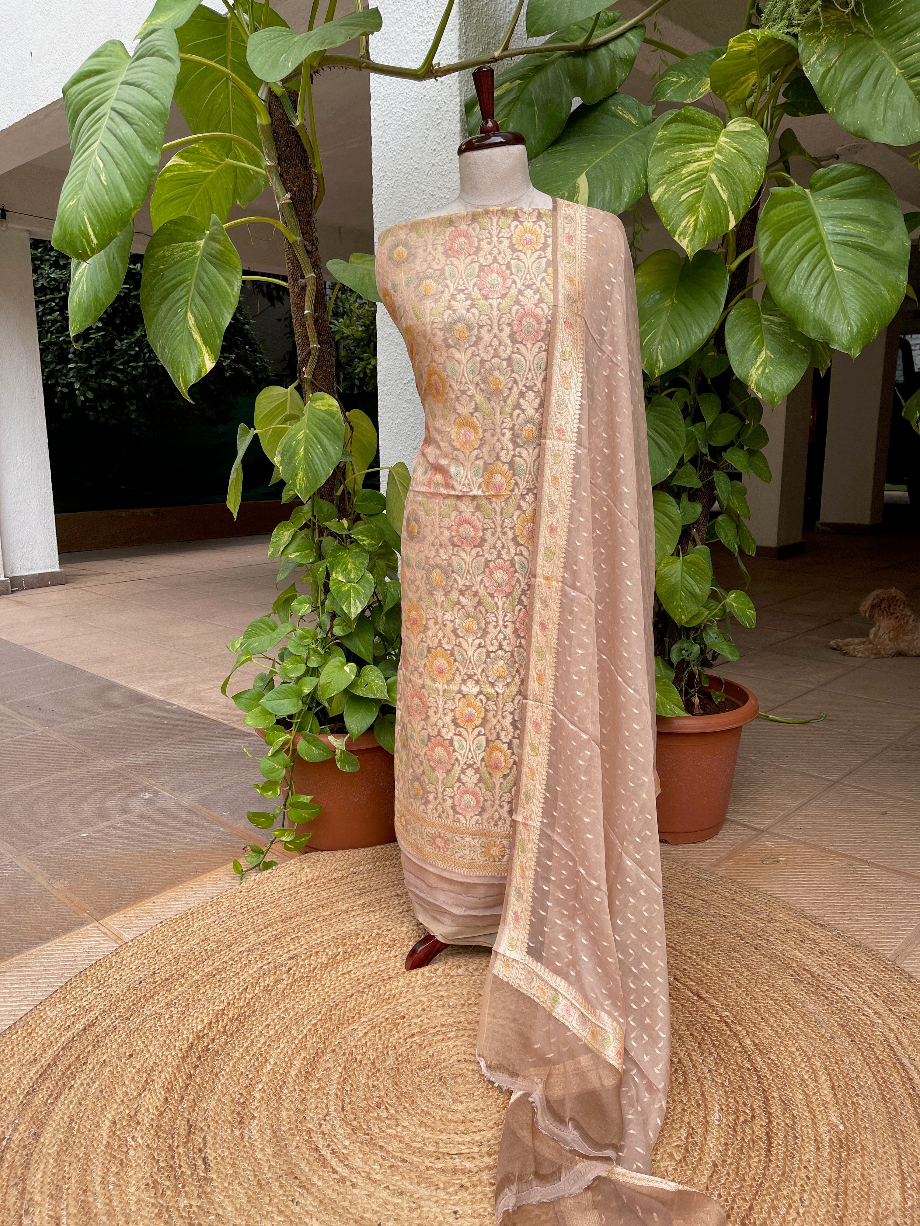 Lite Brown Handwoven Khaddi 3 - Piece Suit Set in Pure Georgette - Masakalee