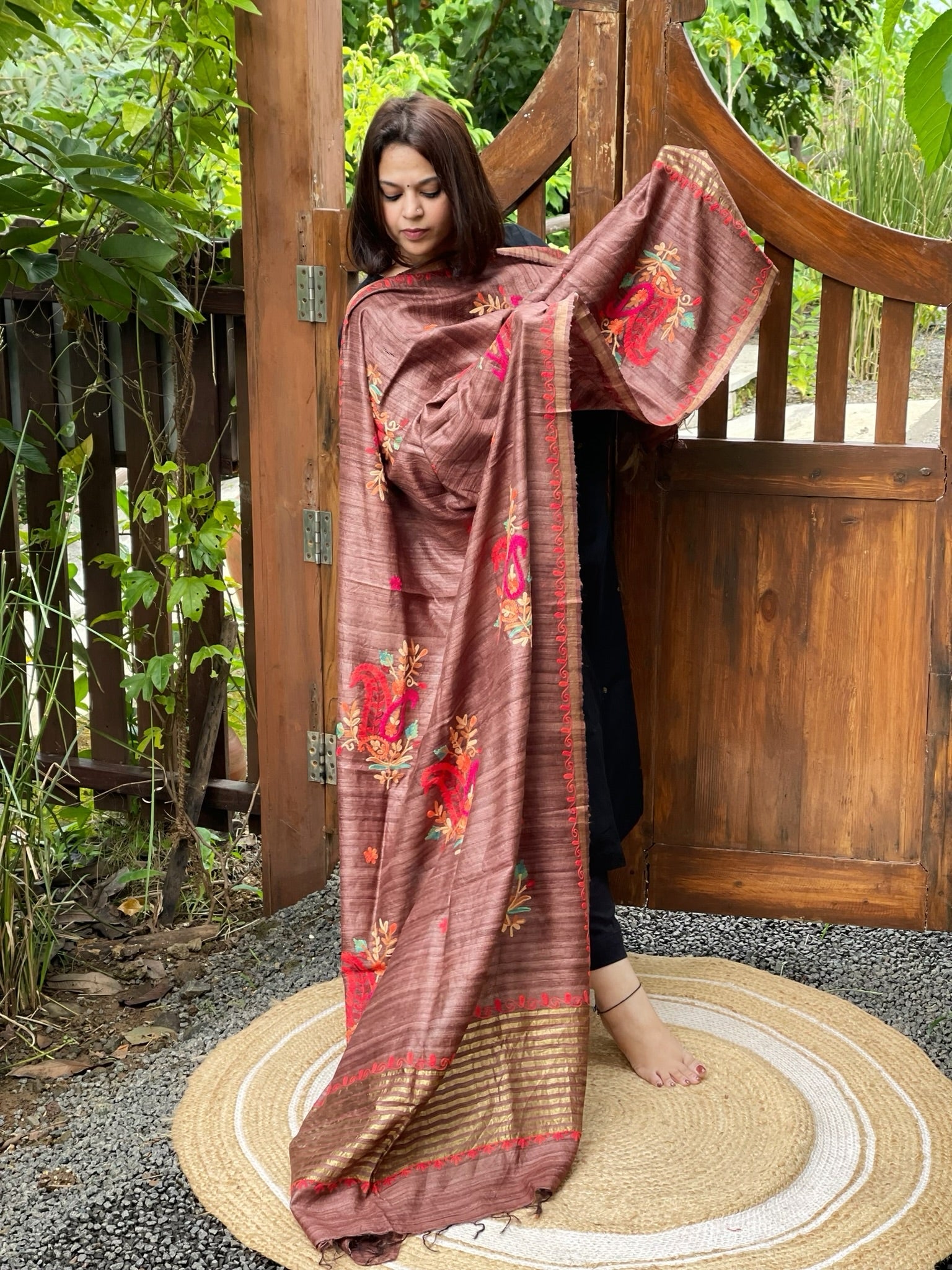 Lite Brown Kashmiri Aari Embroidered Dupatta in Geecha Silk - Masakalee