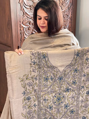 Lite Brown Suit Set with Kantha Handwork in Pure Tussar Silk - Masakalee