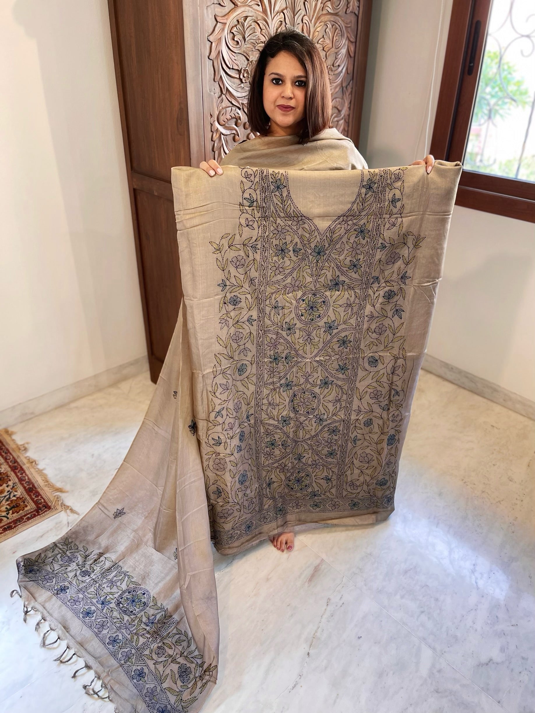 Lite Brown Suit Set with Kantha Handwork in Pure Tussar Silk - Masakalee