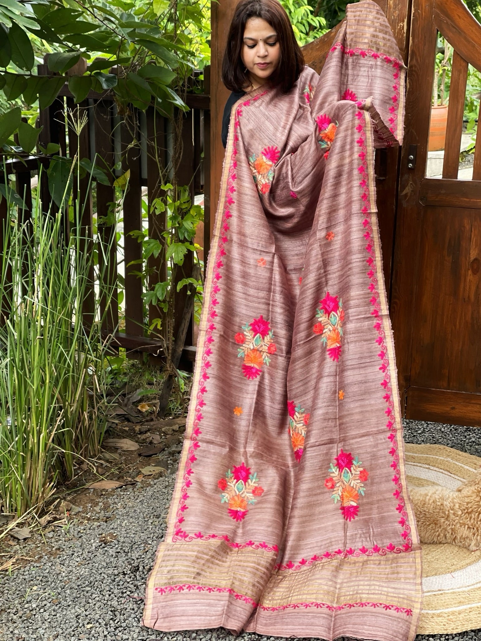 Lite Chocolate Kashmiri Aari Embroidered Dupatta in Geecha Silk - Masakalee