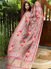 Lite Chocolate Kashmiri Aari Embroidered Dupatta in Geecha Silk - Masakalee
