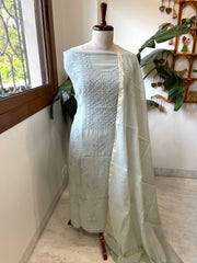 Lite Dusty Green Suit Set with Lucknowi Handwork in Pure Mul Chanderi - Masakalee