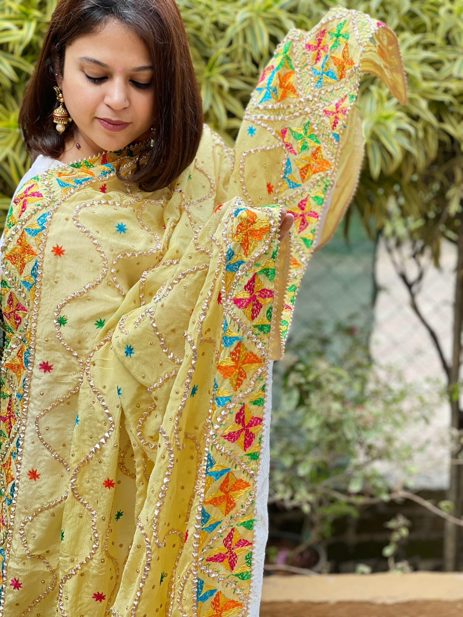 Lite Lime Handmade Phulkari Dupatta in Pure Chinon with Gota Handwork - Masakalee