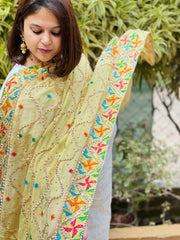 Lite Lime Handmade Phulkari Dupatta in Pure Chinon with Gota Handwork - Masakalee