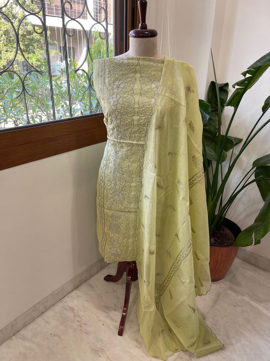 Lite Olive Green Mul Chanderi Suit Set with Cut Work - Masakalee