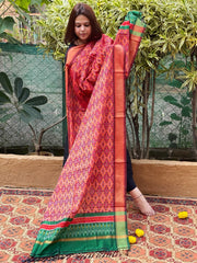 Lite Orange Handwoven Ikat Dupatta Pure Silk - Cotton - Masakalee