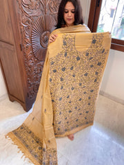 Lite Peach Suit Set with Kantha Handwork in Pure Tussar Silk - Masakalee