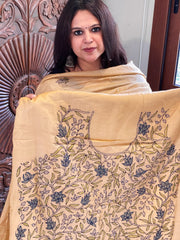 Lite Peach Suit Set with Kantha Handwork in Pure Tussar Silk - Masakalee