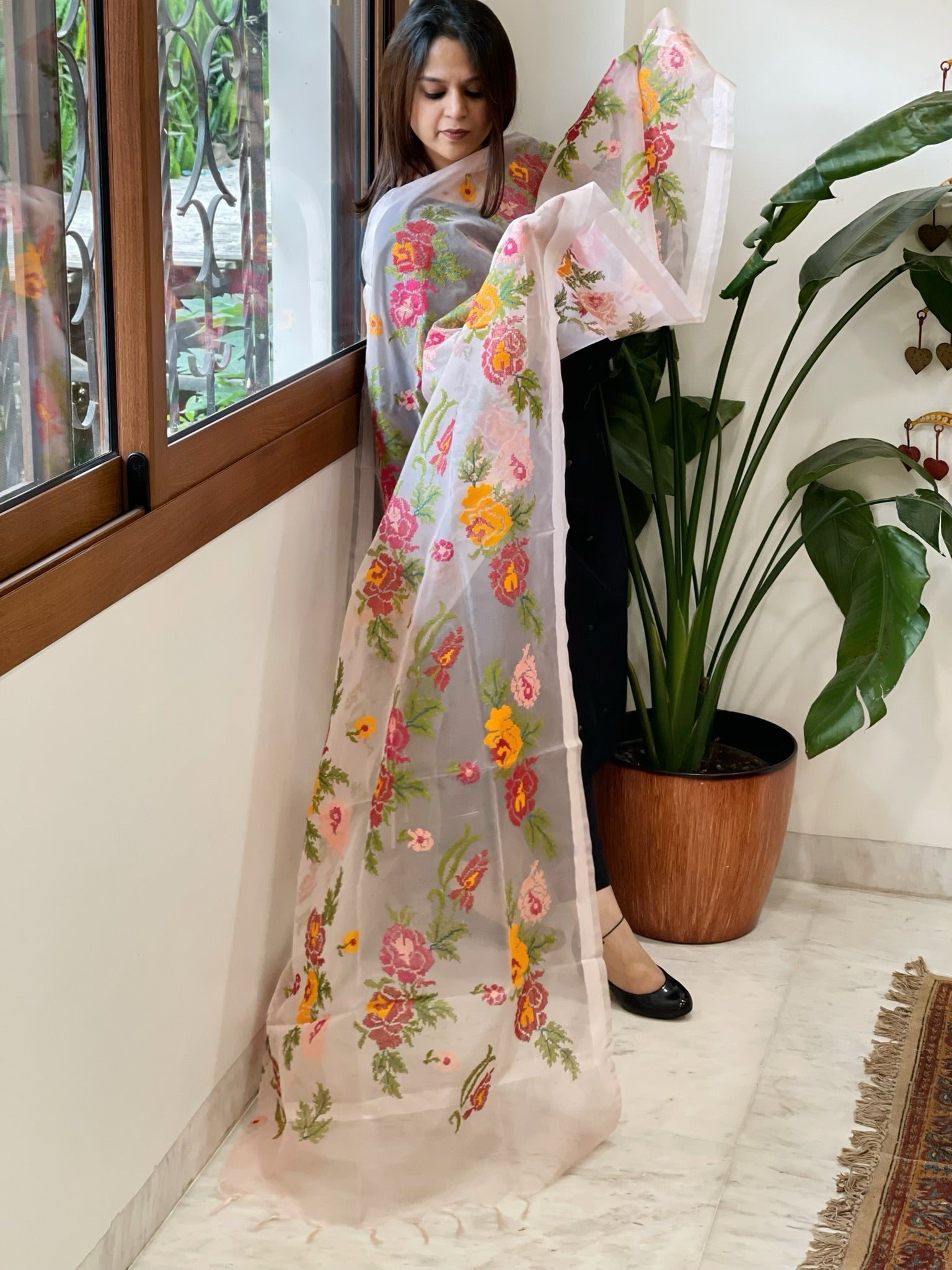 Lite Peachish Pink Organza Dupatta with cross - stitch embroidery - Masakalee