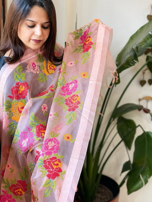 Lite Peachish Pink Organza Dupatta with cross - stitch embroidery - Masakalee