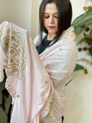 Lite Pink Crepe Dupatta with Pearl, Cut Daana, Gold Thread & Sequin Embroidery - Masakalee