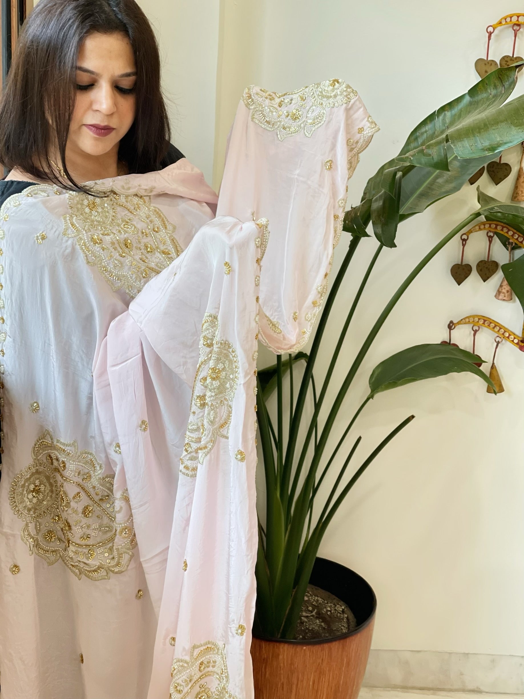Lite Pink Crepe Dupatta with Pearl, Cut Daana, Gold Thread & Sequin Embroidery - Masakalee