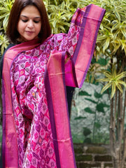 Lite Pink Handwoven Ikat Dupatta Pure Silk - Cotton - Masakalee