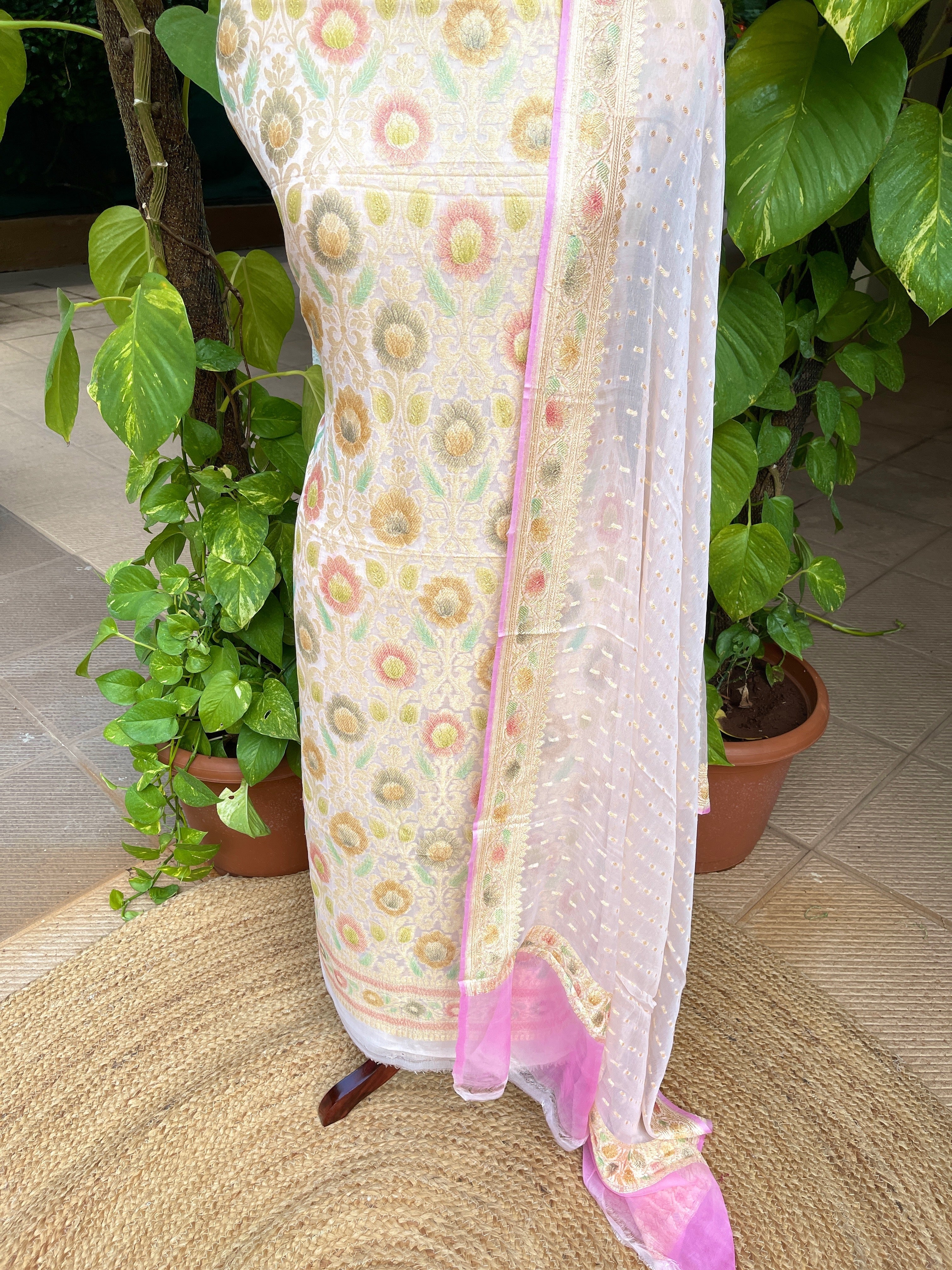 Lite Pink Handwoven Khaddi 3 - Piece Suit Set in Pure Georgette - Masakalee