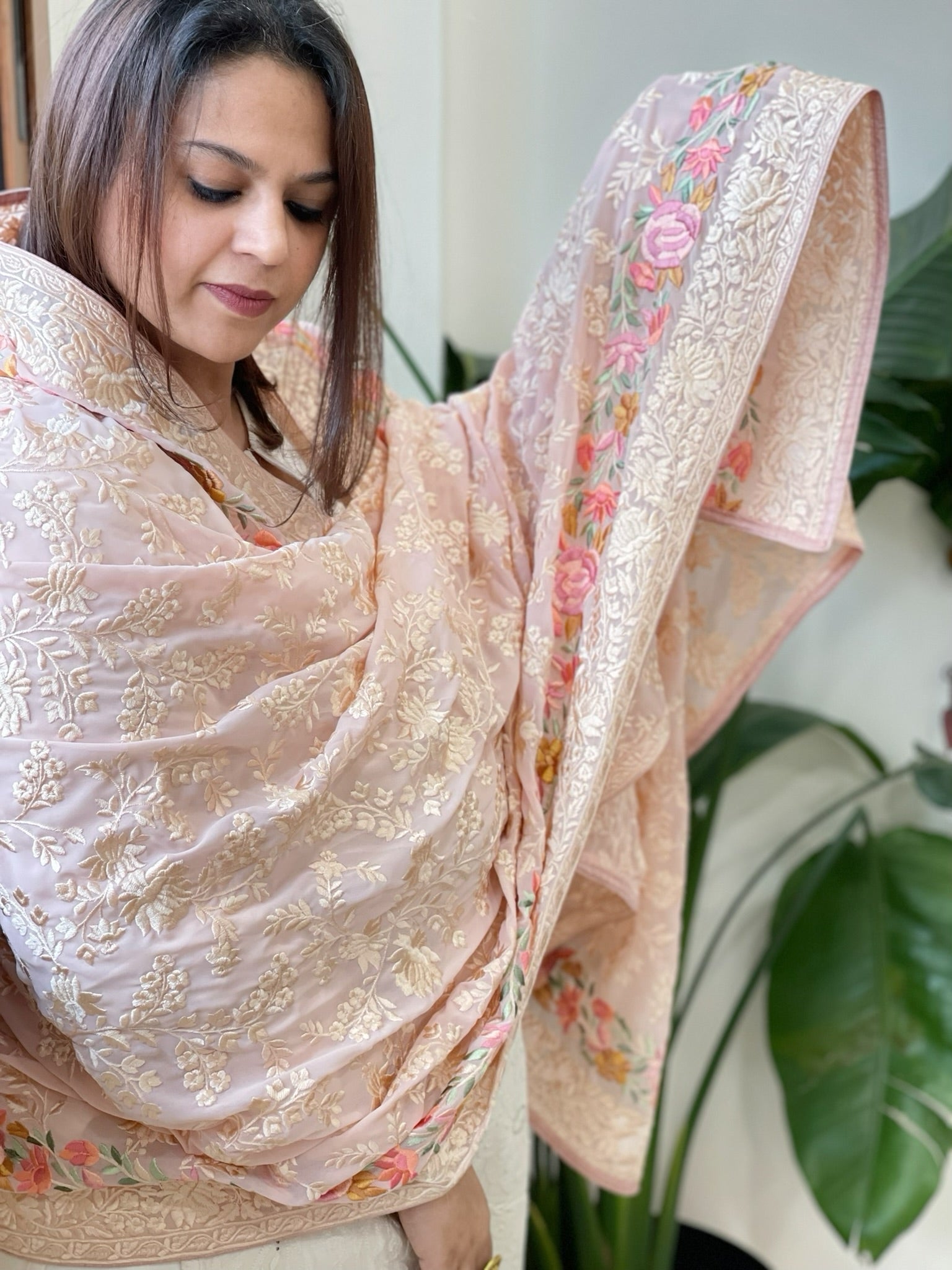 Lite Pink Parsi Gara Embroidery Dupatta in Georgette - Masakalee