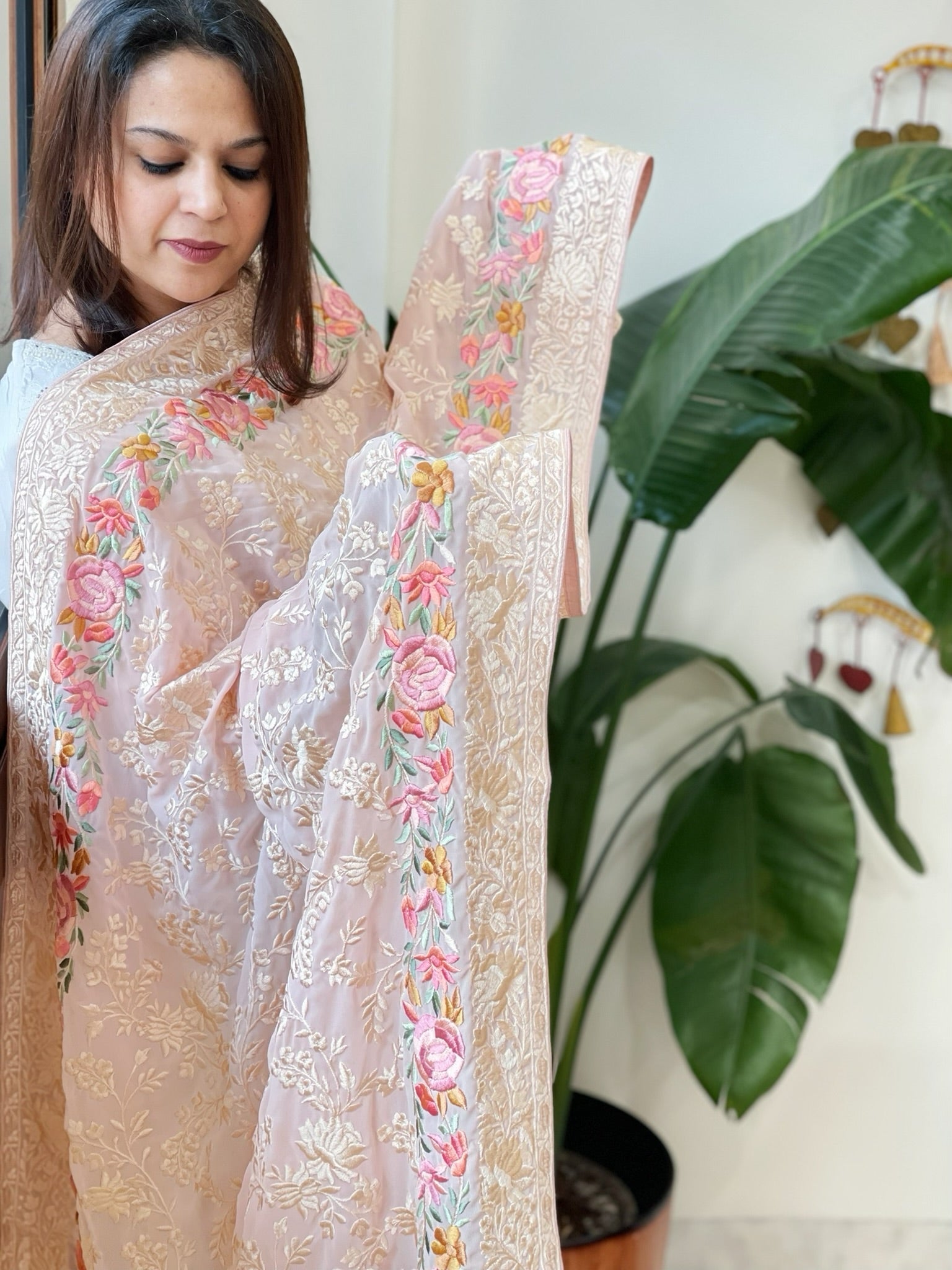 Lite Pink Parsi Gara Embroidery Dupatta in Georgette - Masakalee