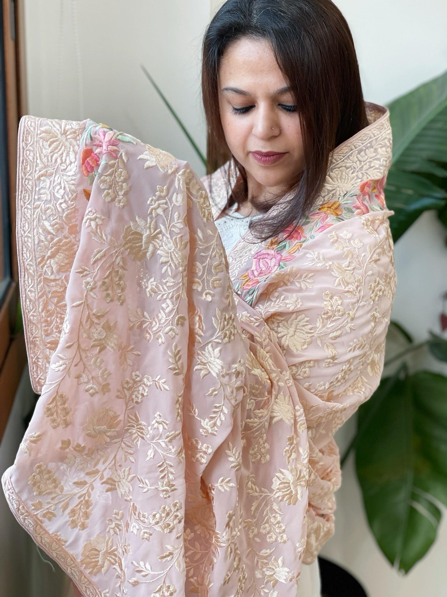 Lite Pink Parsi Gara Embroidery Dupatta in Georgette - Masakalee