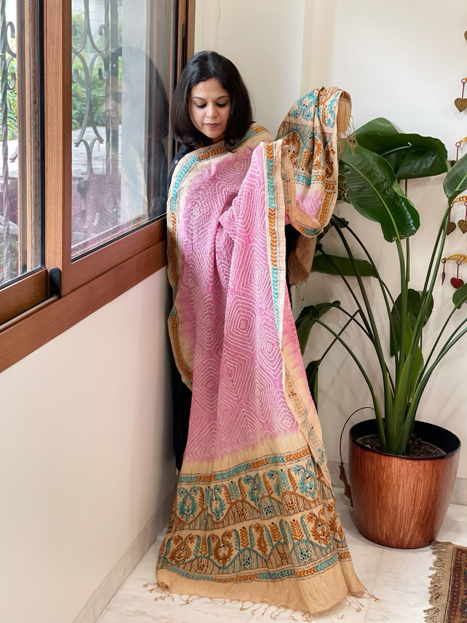 Lite Pink Rai Bandhej Dupatta with Kantha Handwork in Pure Munga Tussar Silk - Masakalee