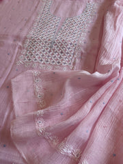 Lite Pink Suit Set with Pearl, Cut Daana and Thread Handwork in Pure Mul Chanderi - Masakalee