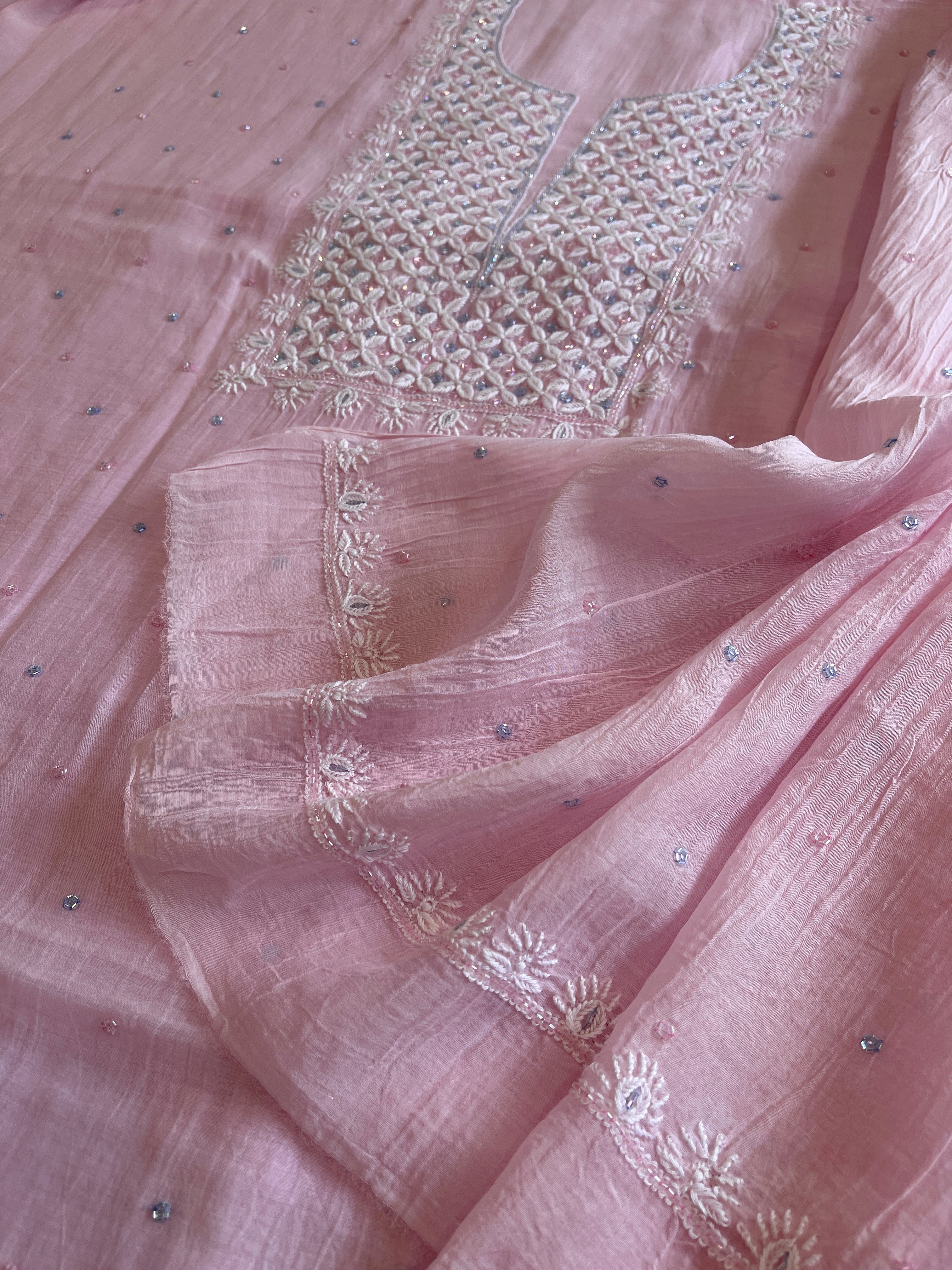 Lite Pink Suit Set with Pearl, Cut Daana and Thread Handwork in Pure Mul Chanderi - Masakalee