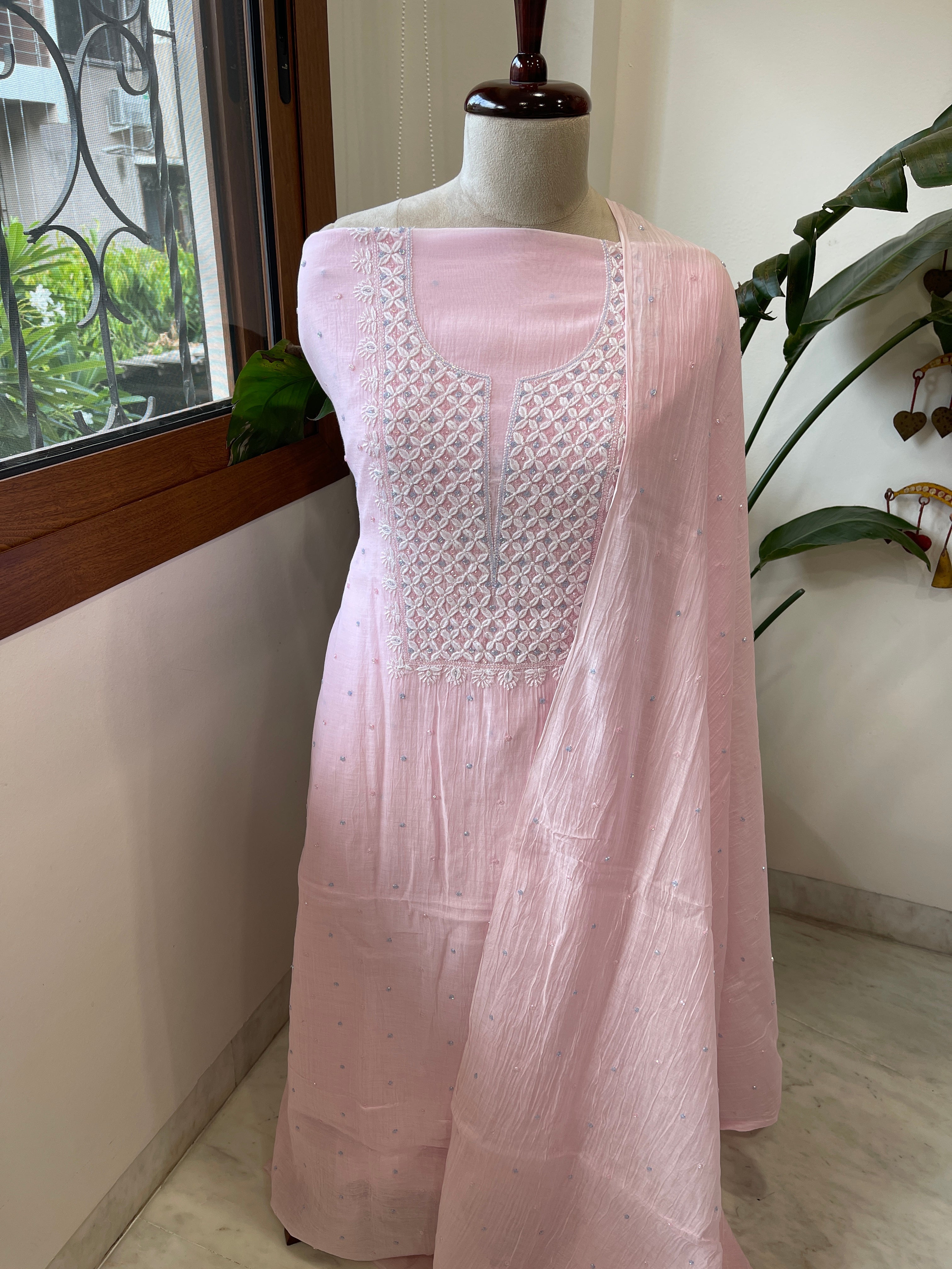 Lite Pink Suit Set with Pearl, Cut Daana and Thread Handwork in Pure Mul Chanderi - Masakalee