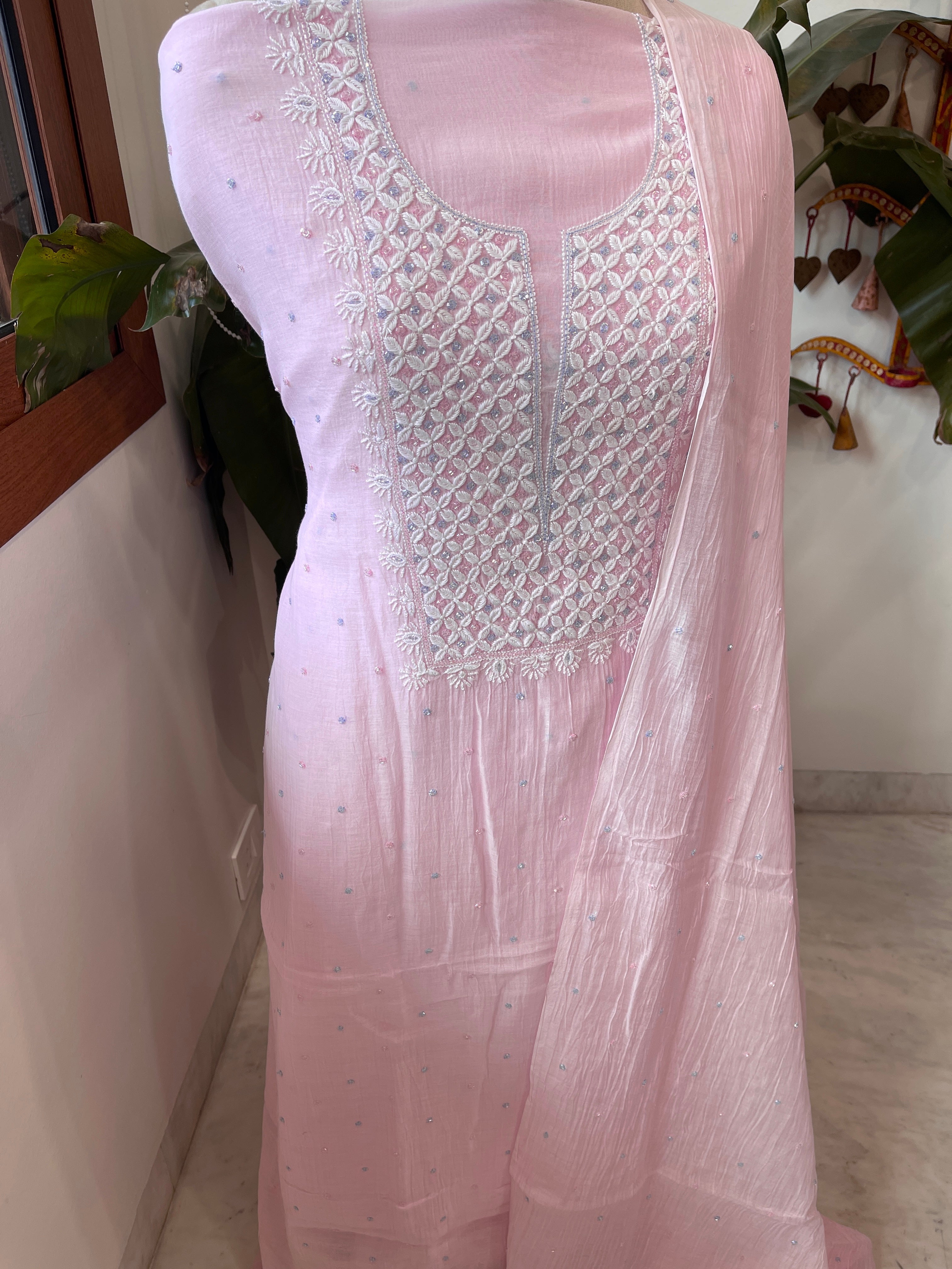 Lite Pink Suit Set with Pearl, Cut Daana and Thread Handwork in Pure Mul Chanderi - Masakalee