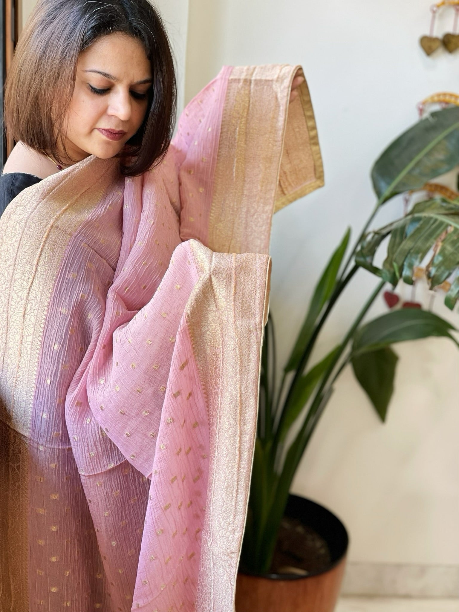 Lite Pink Woven Banarasi Dupatta in Tissue - Masakalee