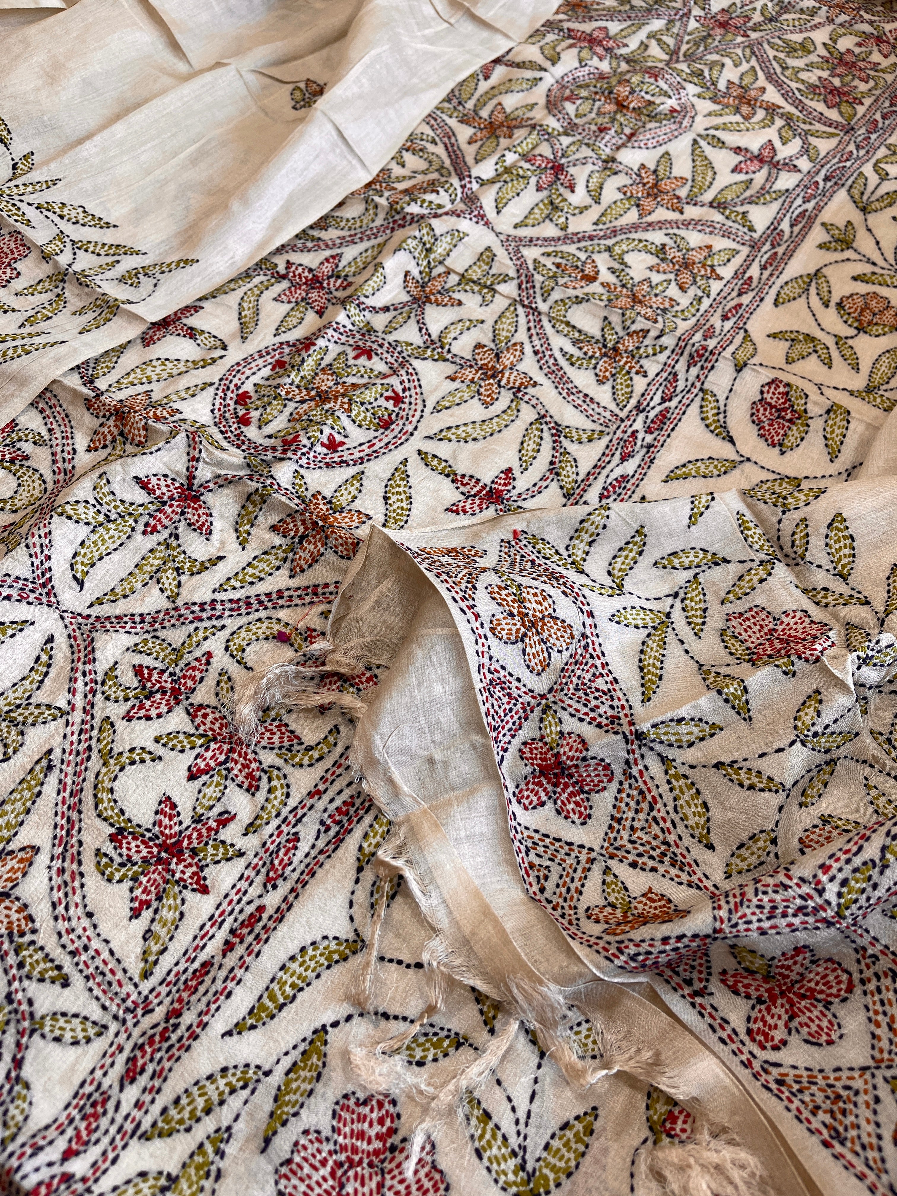Lite Pinkish Brown Suit Set with Kantha Handwork in Pure Tussar Silk - Masakalee