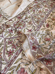 Lite Pinkish Brown Suit Set with Kantha Handwork in Pure Tussar Silk - Masakalee