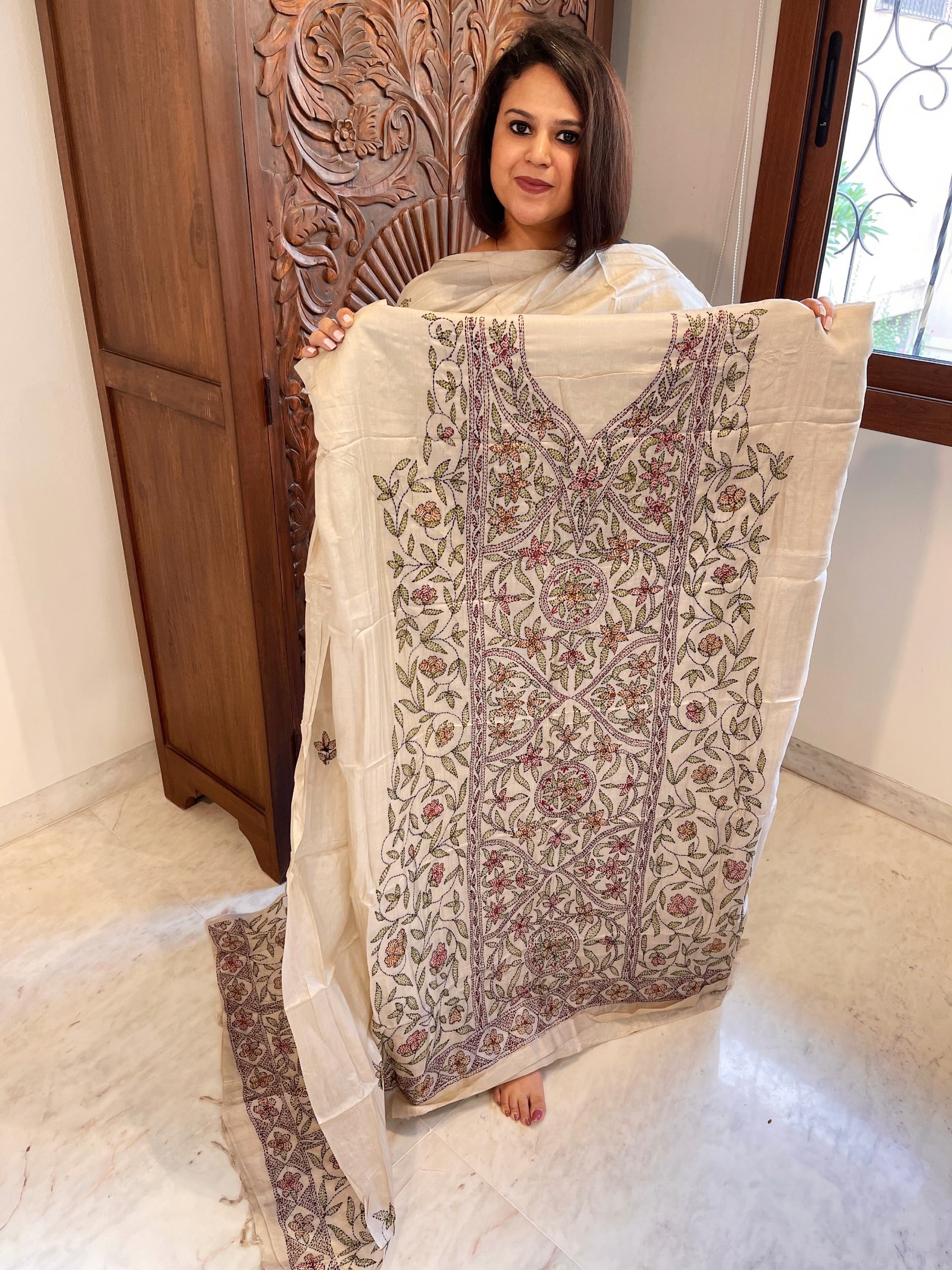 Lite Pinkish Brown Suit Set with Kantha Handwork in Pure Tussar Silk - Masakalee