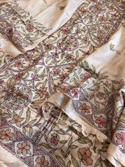 Lite Pinkish Brown Suit Set with Kantha Handwork in Pure Tussar Silk - Masakalee
