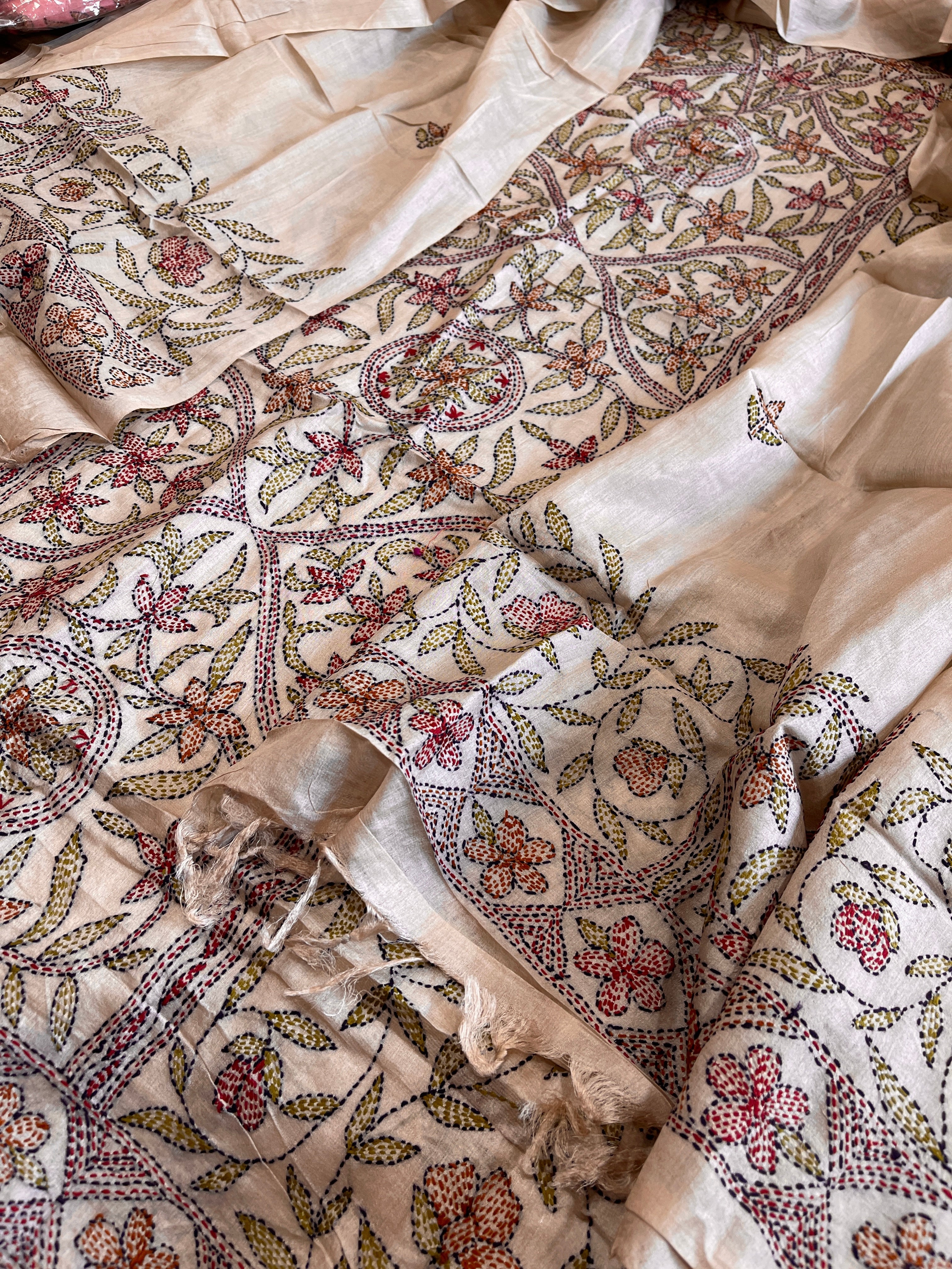 Lite Pinkish Brown Suit Set with Kantha Handwork in Pure Tussar Silk - Masakalee