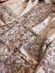 Lite Pinkish Brown Suit Set with Kantha Handwork in Pure Tussar Silk - Masakalee