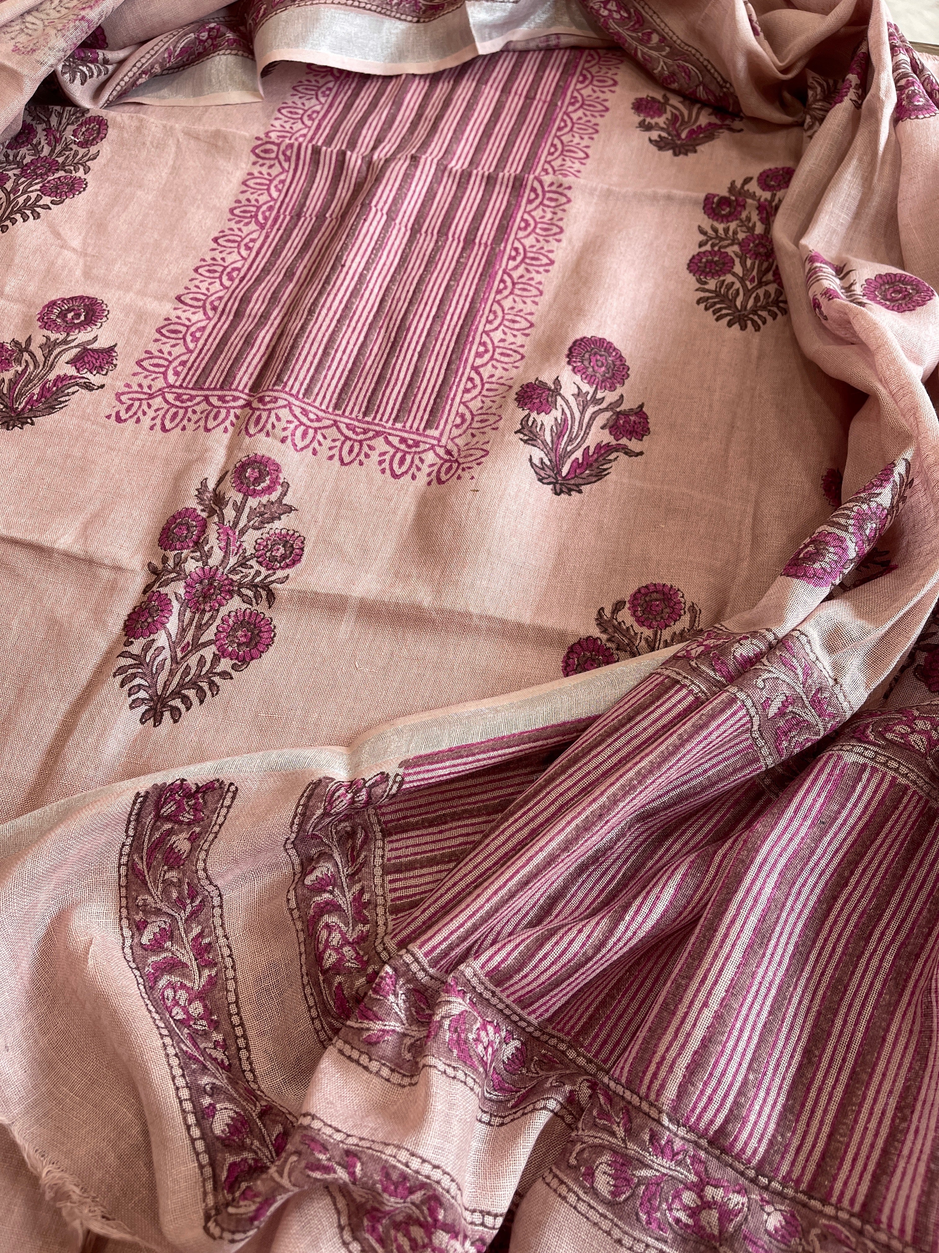 Lite Plum Handblock Printed Suit Set in Pure Linen - Masakalee