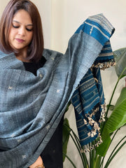 Lite Teal Handwoven Bhujodi Shawl in Pure Tussar and Wool - Masakalee