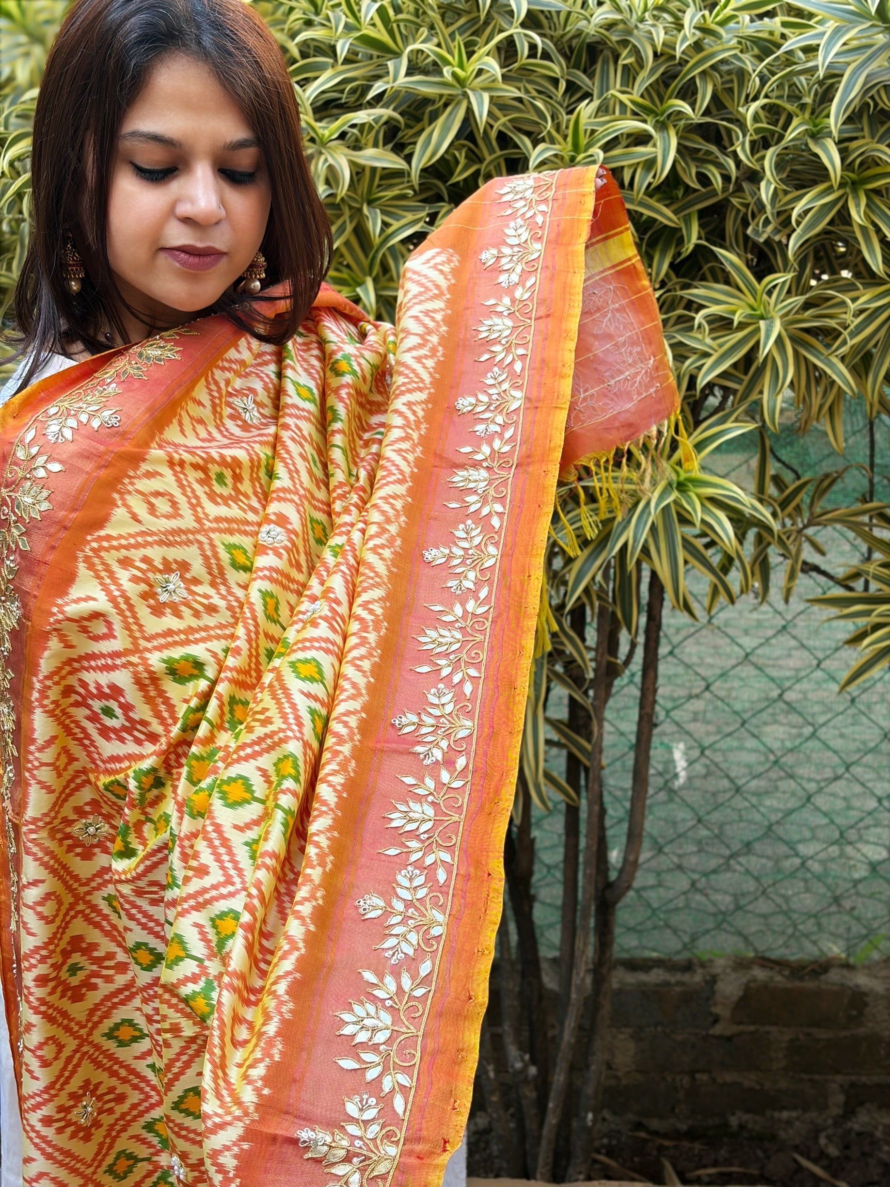 Lite Yellow Handwoven Ikat Patola with Gotapatti & Pearl Handwork dupatta in Pure Silk - Masakalee