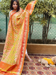 Lite Yellow Handwoven Ikat Patola with Gotapatti & Pearl Handwork dupatta in Pure Silk - Masakalee