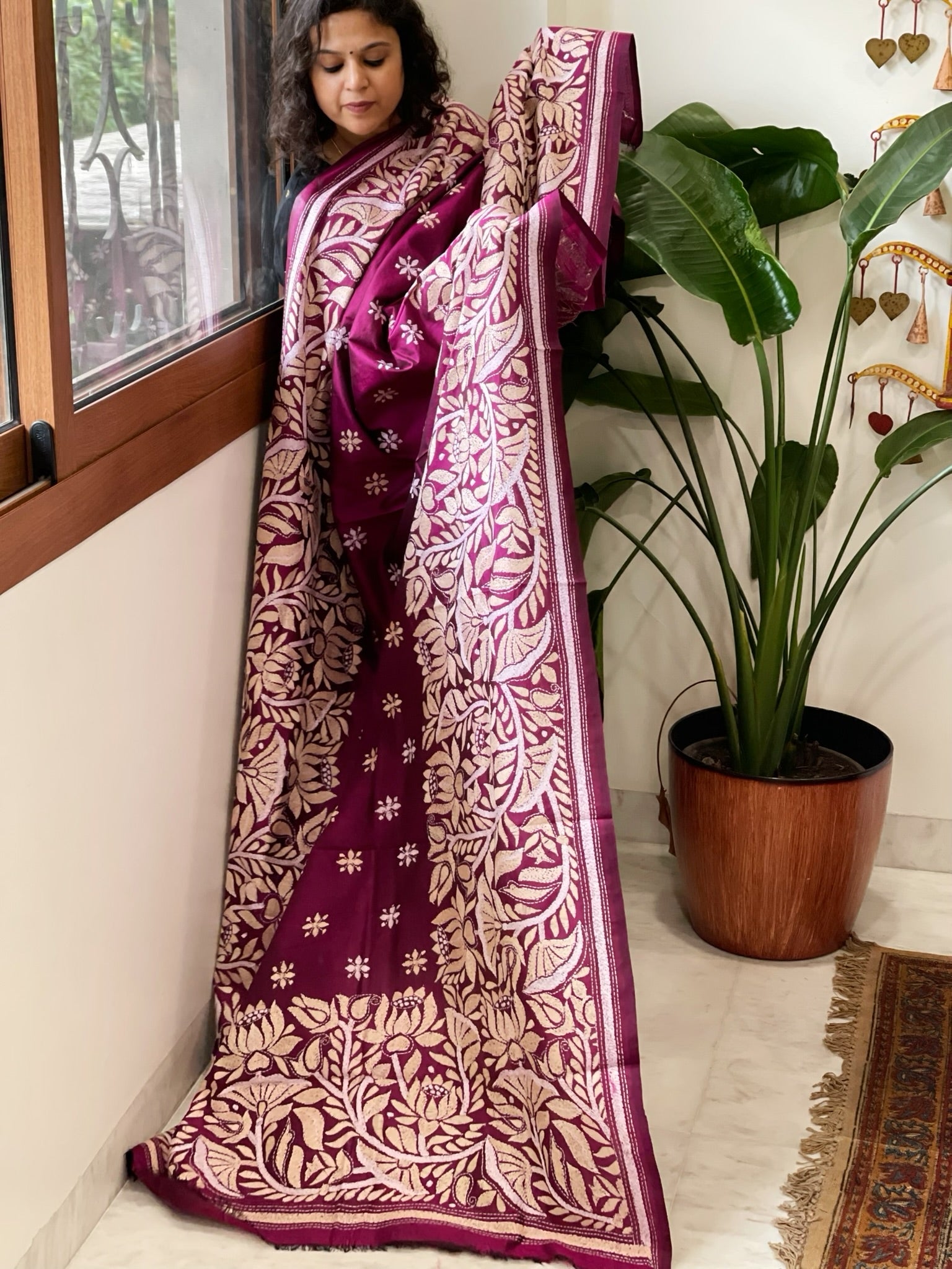 Magenta Handmade Nakshi Kantha Dupatta in Pure Silk - Masakalee