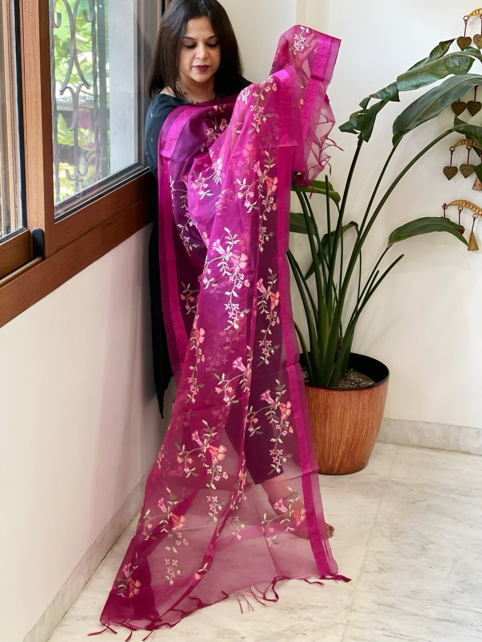 Magenta Organza Dupatta with Thread Embroidery - Masakalee