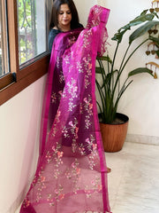 Magenta Organza Dupatta with Thread Embroidery - Masakalee
