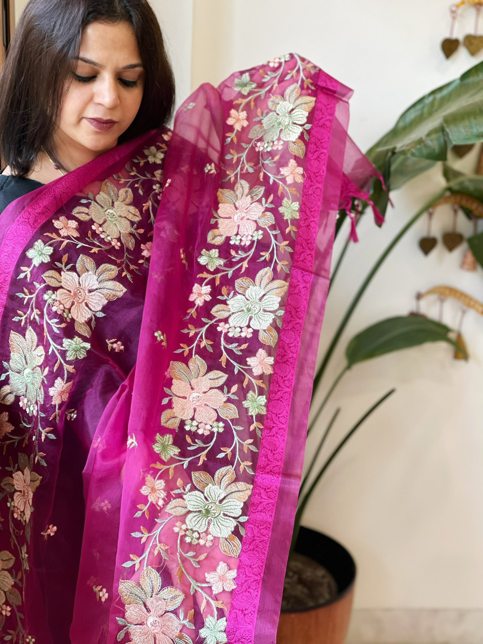 Magenta Organza Dupatta with Thread Embroidery - Masakalee